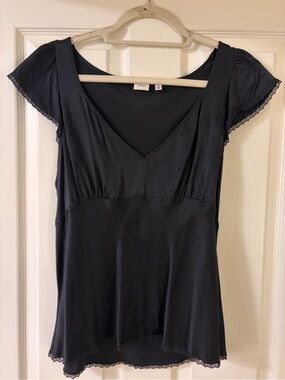 Aritzia Satin Black V-Neck Lace Trim Blouse